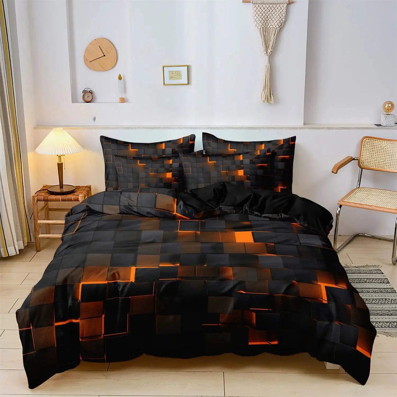 Duvet cover set, 3 pieces, black and orange geometric grid plaid, includes duvet cover and two pillowcases on bed