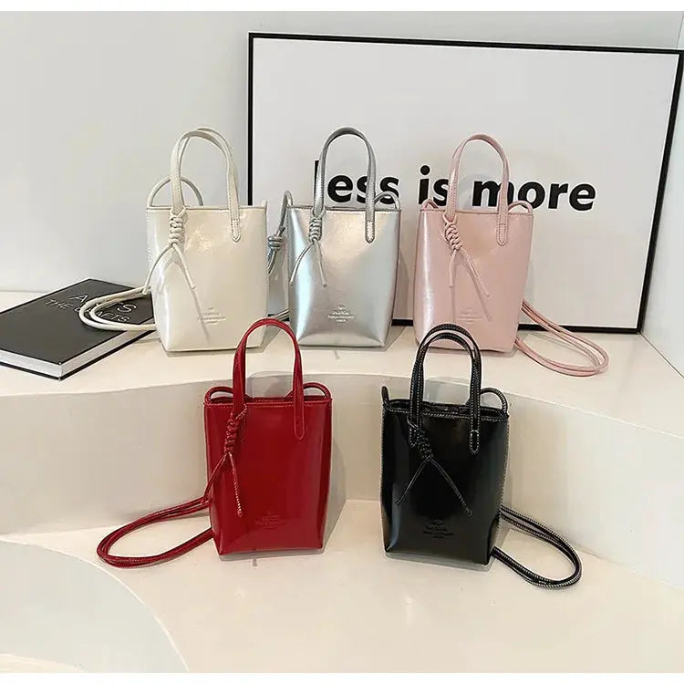 PU leather mini crossbody bag for women by Simples Market; five colors: cream, silver, pink, red, black.