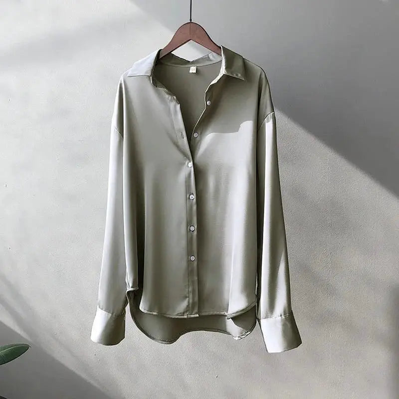 Aurora Couture Satin Blouse For Women All Season Comfort Button Front For Office And Casual Wear