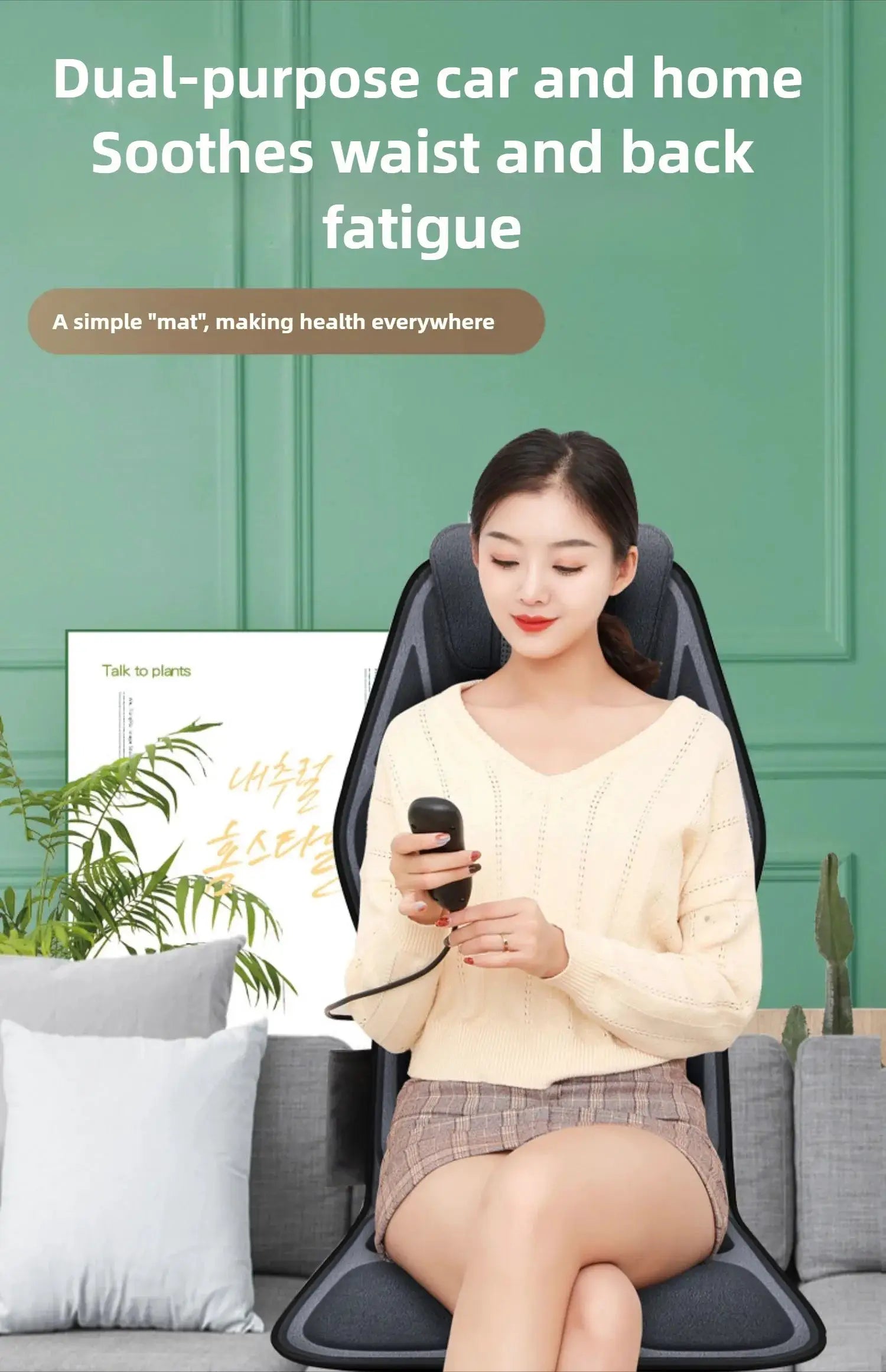 Gray massage seat cushion for home use with heating and lumbar support, shown with remote control.