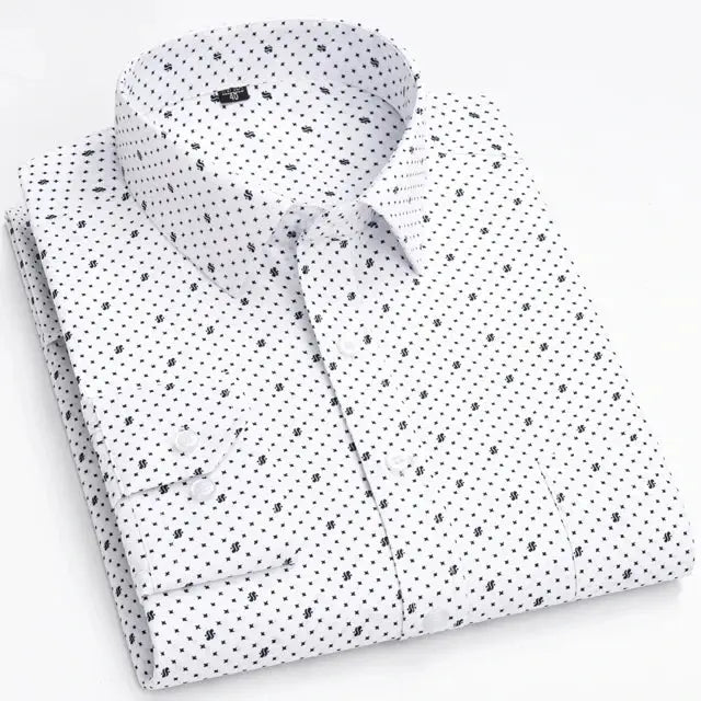 Men's white long-sleeve dress shirt with navy micro-dot print and single chest pocket.