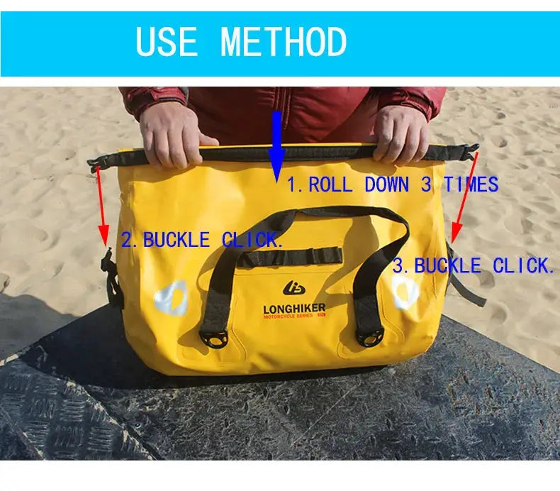 Waterproof 40L–120L yellow duffle bag with Longhiker logo for motorcycle tail bag