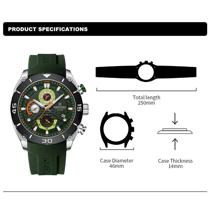 Naviforce sport watch for men with green strap and green dial, stainless steel case, chronograph