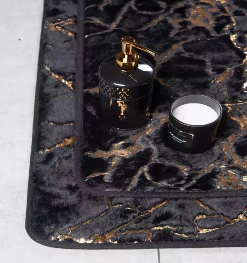 MarbleLux Marble Bathroom Rug Nonslip Black Gold With Soft Faux Rabbit Fur Surface And Eco Friendly Backing