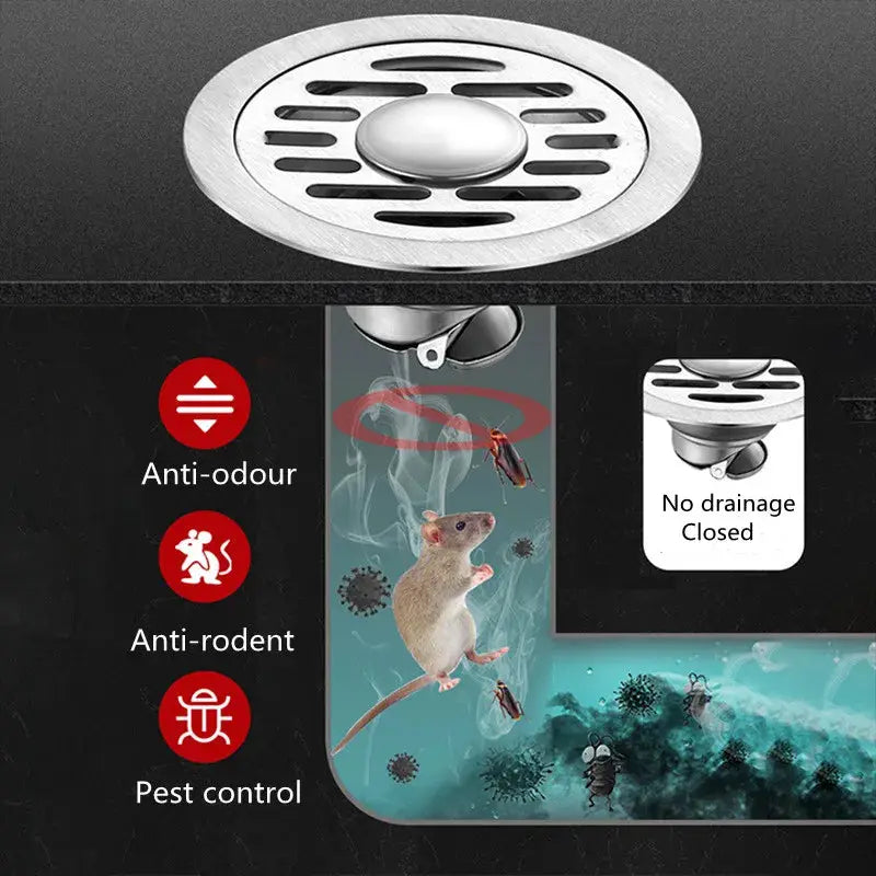 Stainless steel floor drain with circular slotted cover; anti-odor, anti-rodent and pest-control features