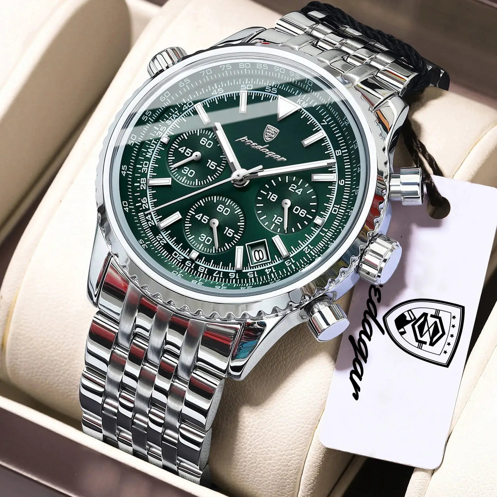 POEDAGAR Luxury Men Chronograph Stainless Steel Watch Waterproof Luminous Quartz Date Display Military Sport Timepiece
