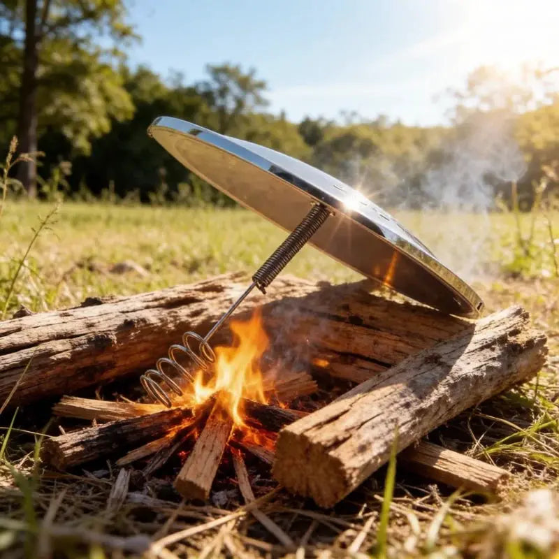 Solar Lighter outdoor fire ignition tool with metal parabolic reflector and coiled igniter over wood logs