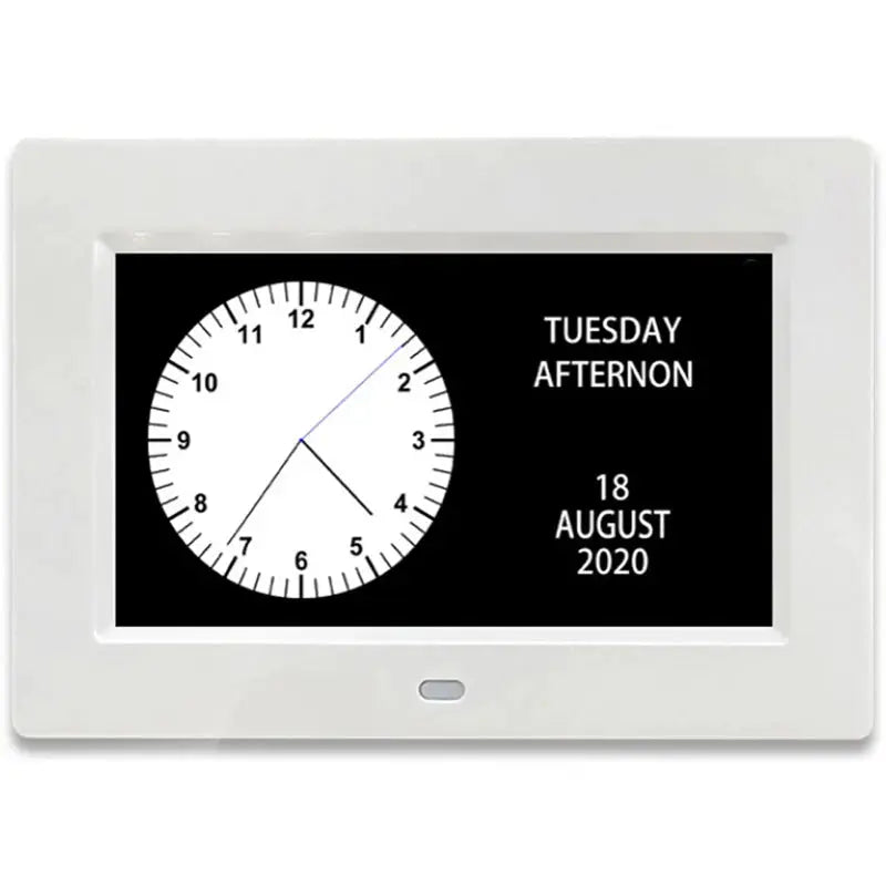 Simples Market 12-Alarm LED Calendar Clock, white frame with multilingual display showing clock dial plus day and date