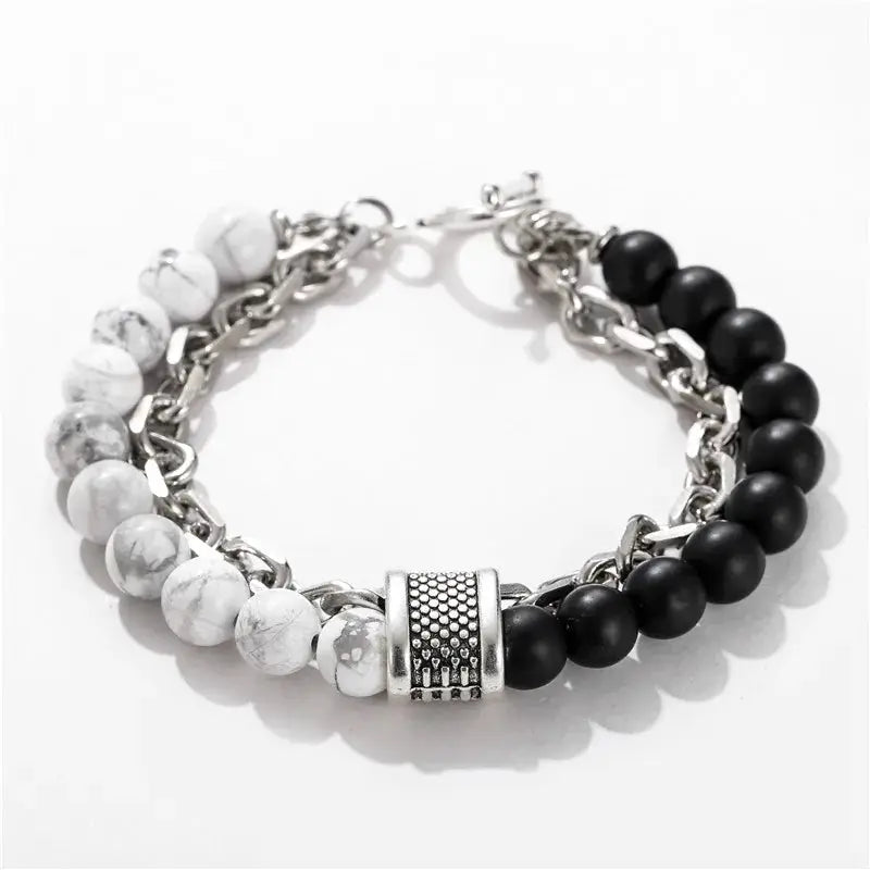 Fashion Punk Frosted Stone Chain Geometric Double Layer Beaded Bracelet Stainless Steel All Match Trend Accessory