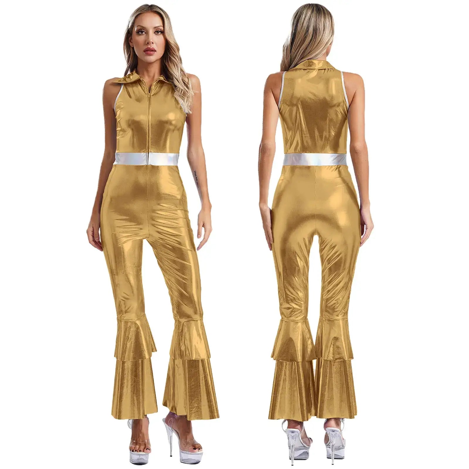 Simples Market womens gold metallic disco jumpsuit with sleeveless bodice, white waist belt and bell-bottom pants.