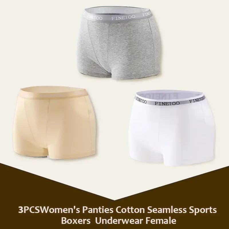 3-pack Finetoo women's cotton seamless sports boxers underwear in gray, beige and white