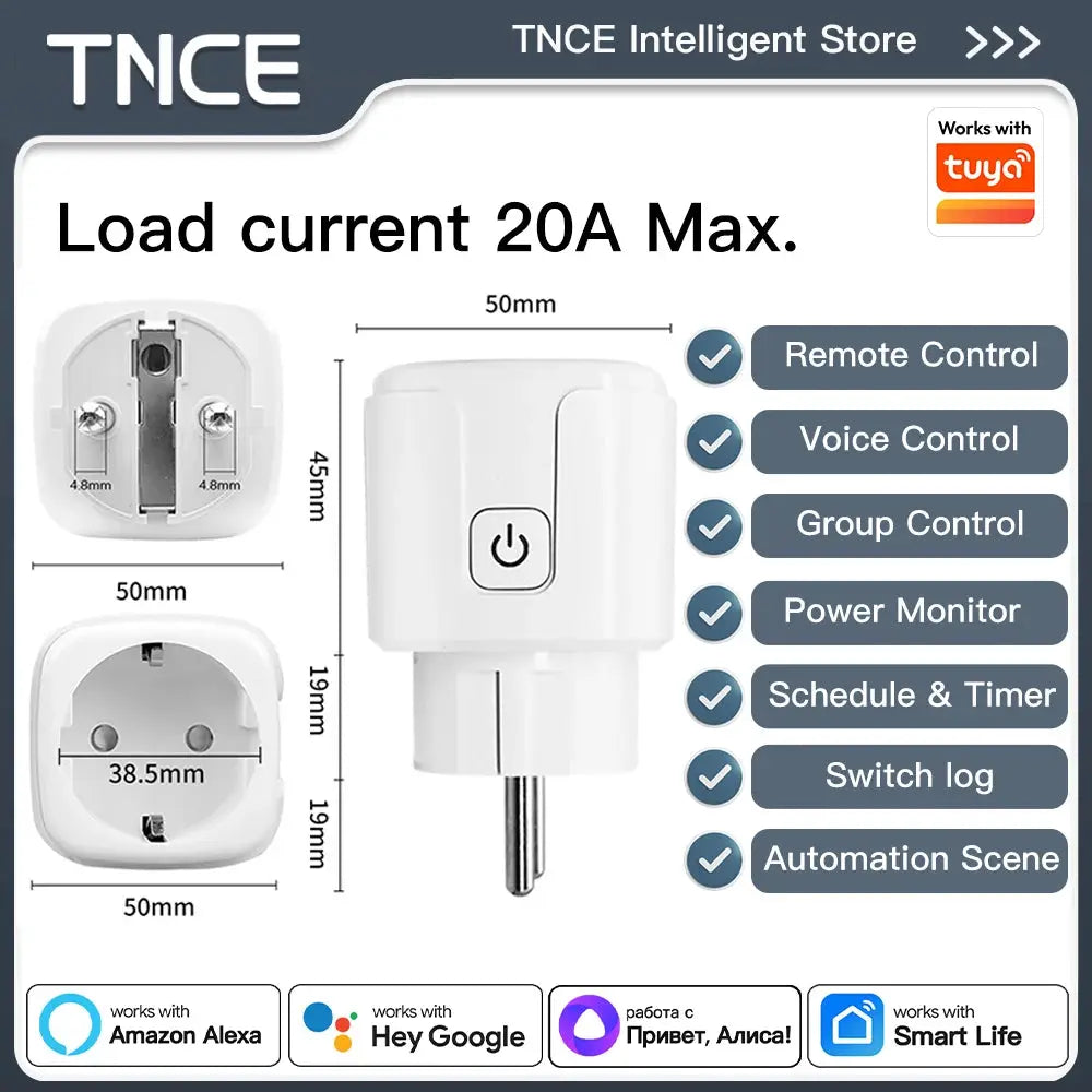 TNCE EU smart plug with Tuya, power monitor, timer, remote & voice control; works with Alexa and Google Home.