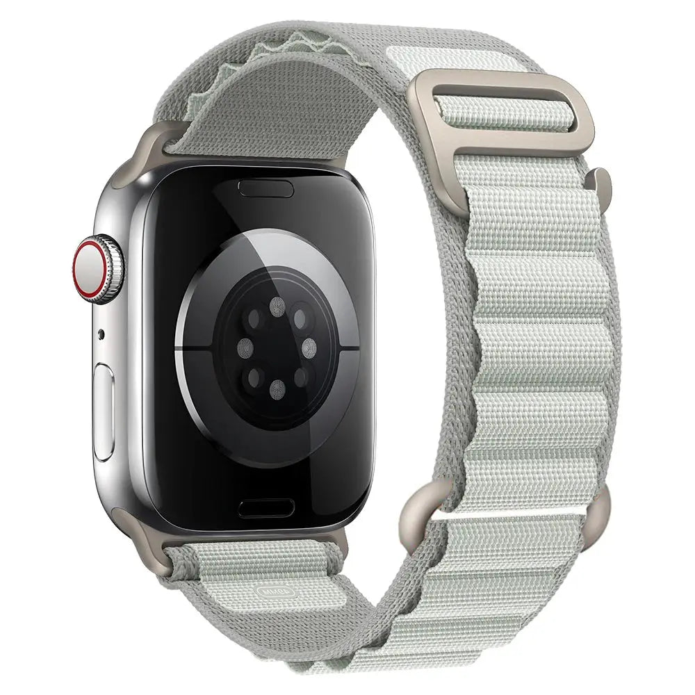Apple Watch nylon Alpine strap for 40–49mm iWatch models, light gray woven nylon band with beige metal hardware