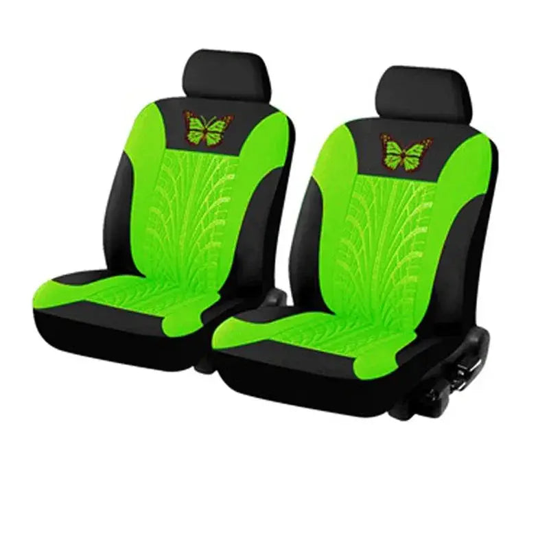 Car seat cover full set, neon green butterfly-embroidery on black seats, pair