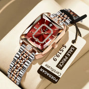 POEDAGAR luxury women's rectangular watch with red dial, crystal bezel, rose-gold case, two-tone bracelet