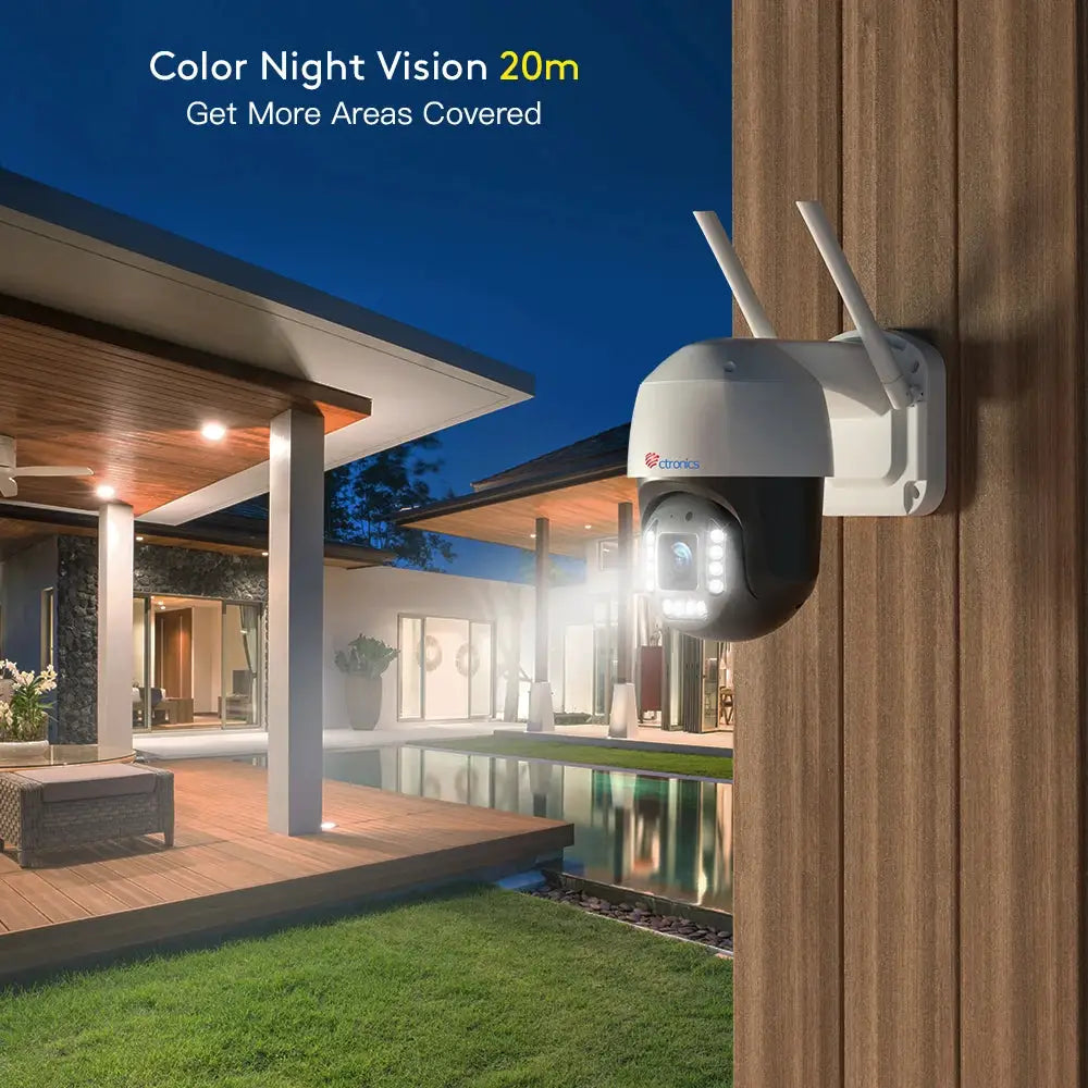 Ctronics outdoor 4K surveillance camera with 360 degree auto-tracking and white housing