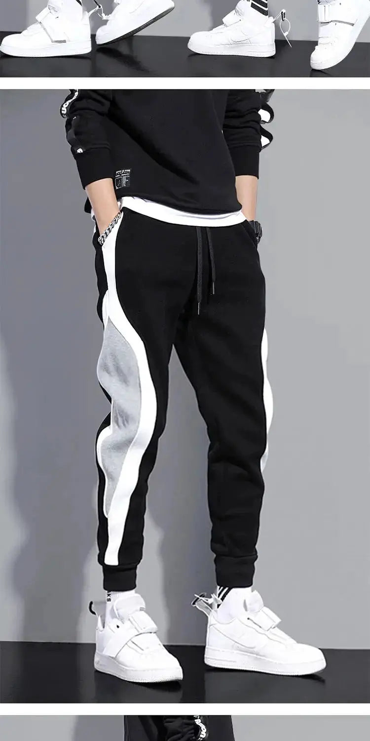 Men's patchwork jogger pants in black with white side panels and drawstring waist, Simples Market