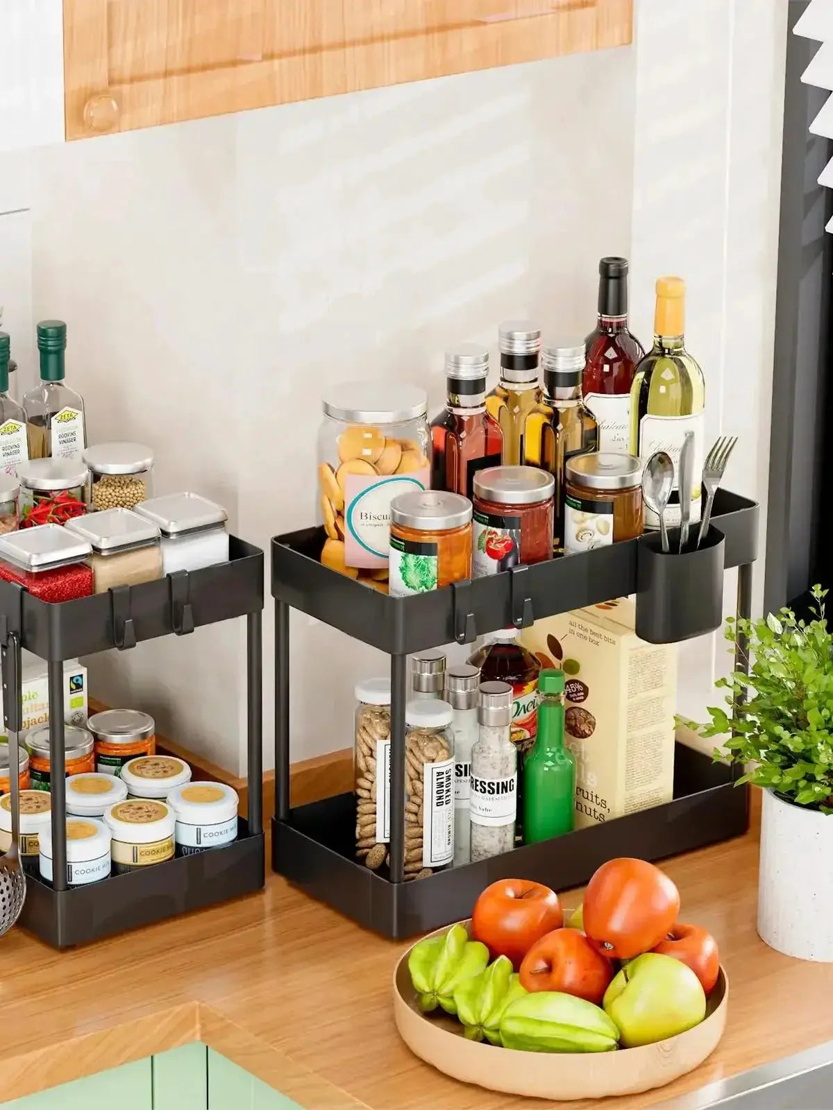 Pair of Simples Market black 2-tier under-sink sliding storage racks with hooks