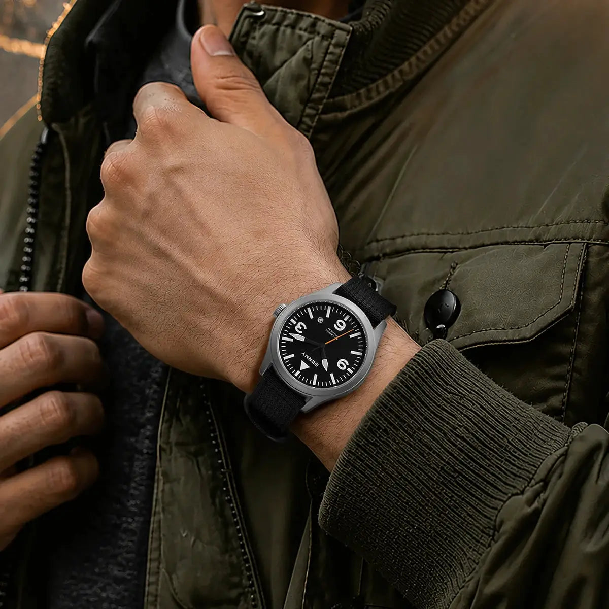 BERNY full titanium automatic watch for men with black fabric strap and sapphire AR-coated glass