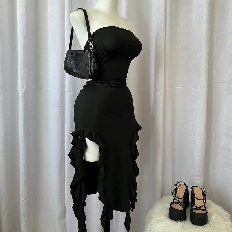 Women's Strapless Floral Mini Dress High Slit Folded Hem Backless