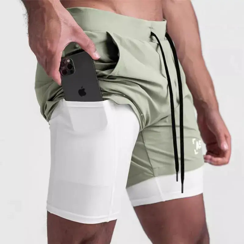 ASRV men's quick-dry 2-in-1 double-deck shorts, olive outer with white inner layer