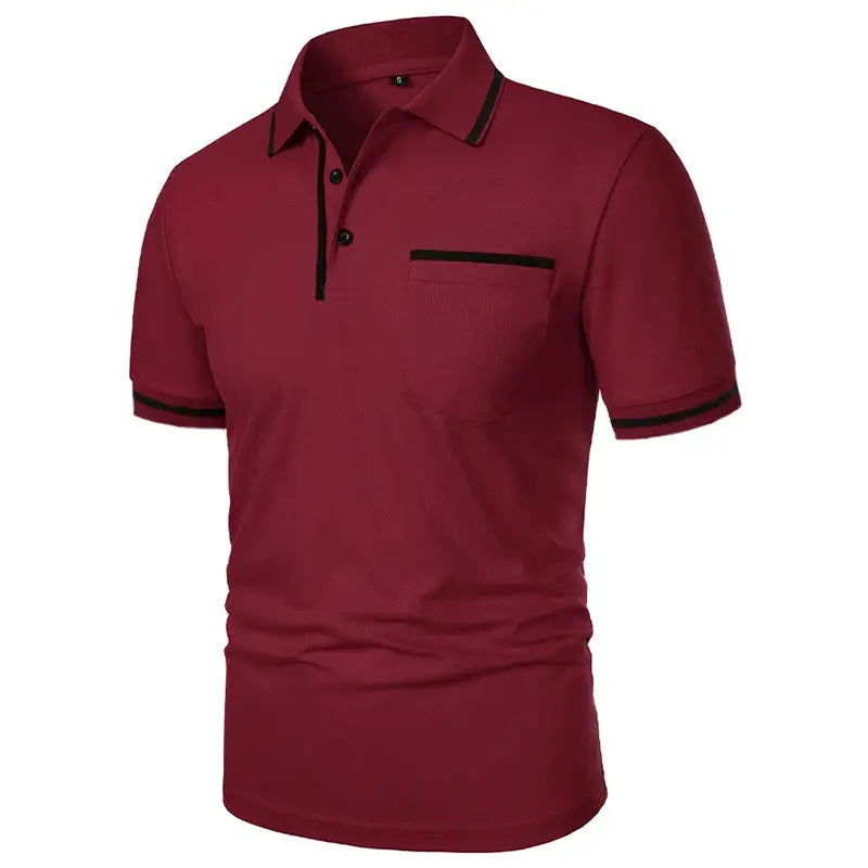 Men's maroon polo shirt with black trim, chest pocket, short sleeves.