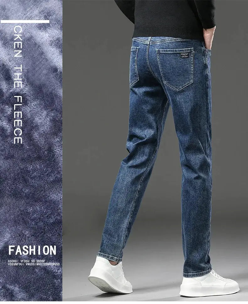 Men's winter fleece jeans by Simples Market, blue denim, slim straight fit