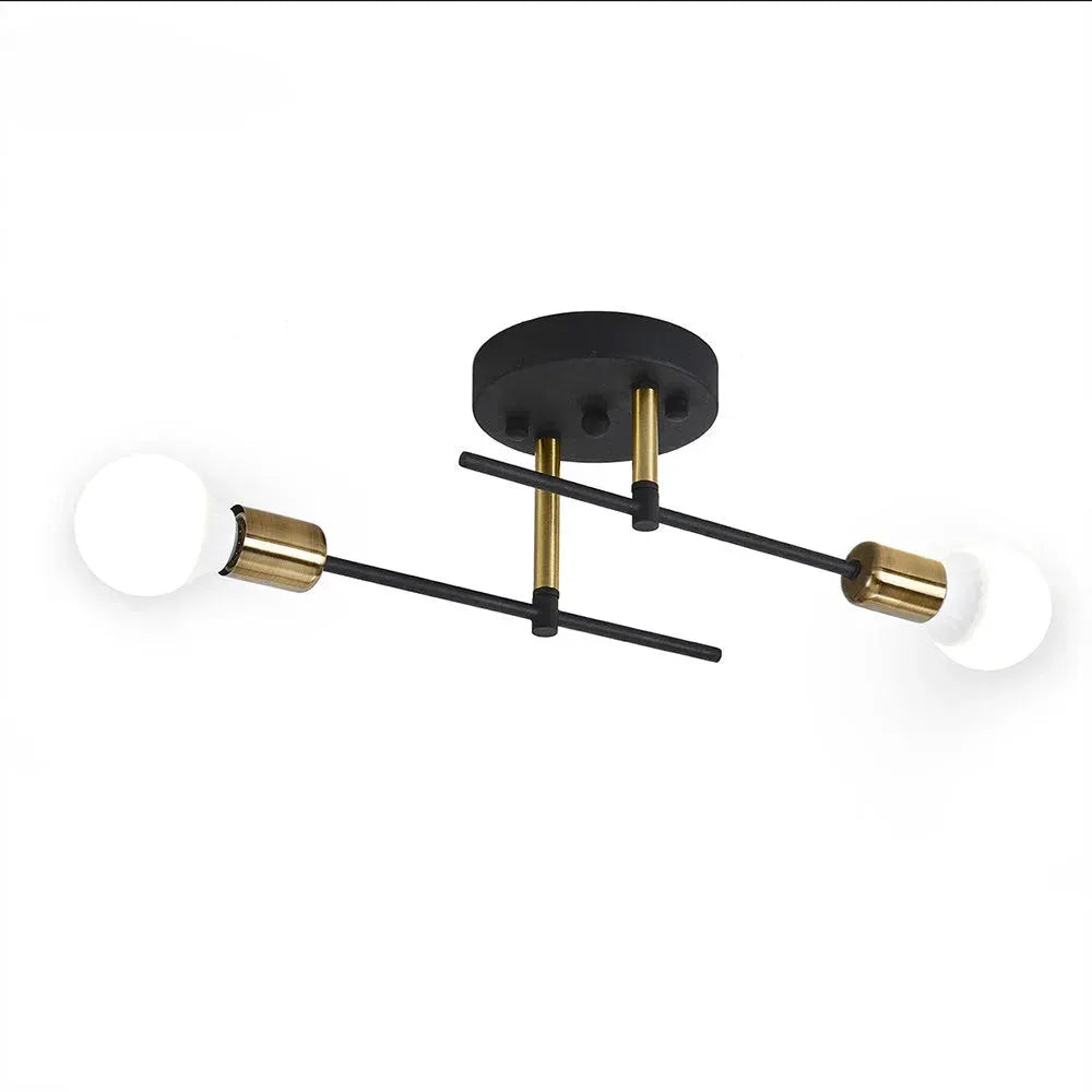 Vintage E27 ceiling light fixture with dual heads, black rods and brass accents by Simples Market