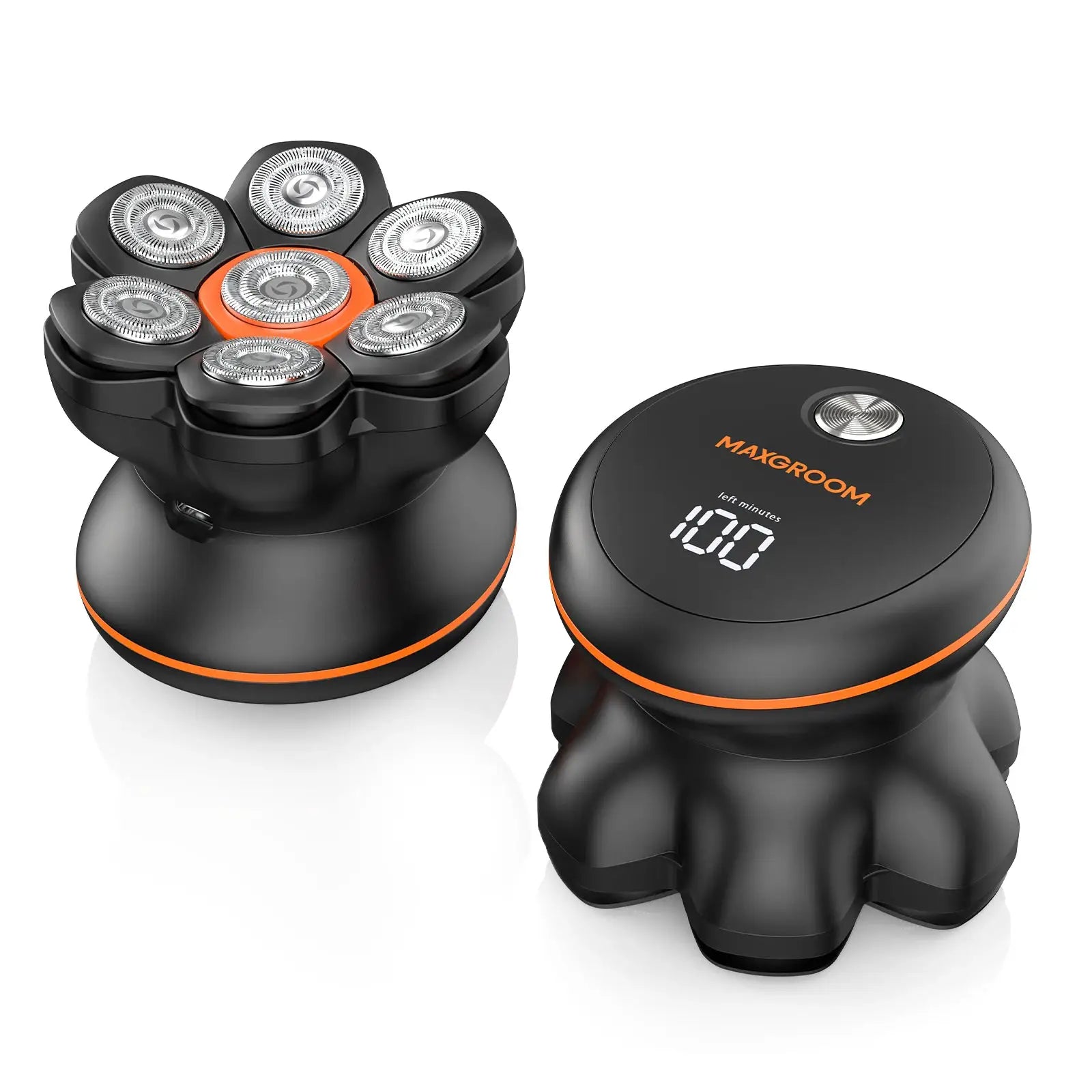 MAXGROOM 7D electric shaver with rotary shaving heads; black body with orange accents, USB rechargeable, waterproof.