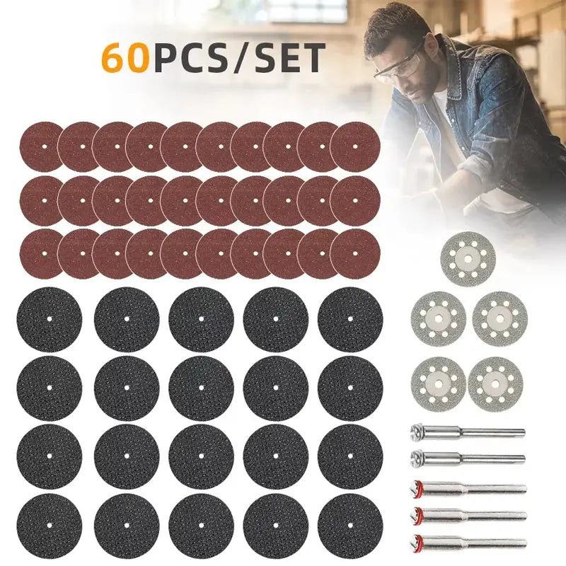 60 Piece Diamond Cutting Discs And Grinding Wheel Set For Woodworking And Metal Dremel Rotary Tool