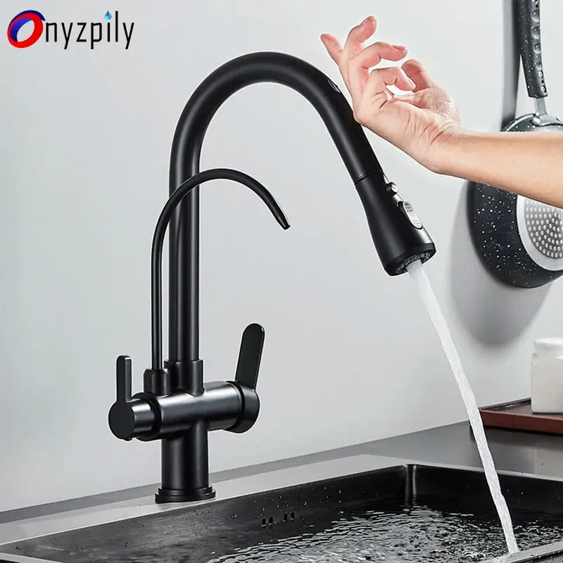 Onyzpily black pull-out kitchen faucet with dual handles, deck-mounted, matte finish