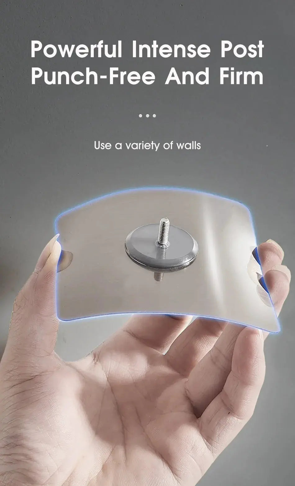 Bathroom corner shelf with no-drill wall mount, transparent curved acrylic panel and metal mounting disc