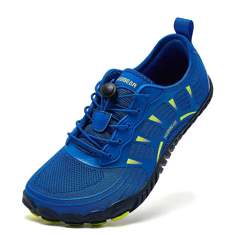 HOBIBEAR blue barefoot shoes with wide toe, breathable mesh and elastic band lacing