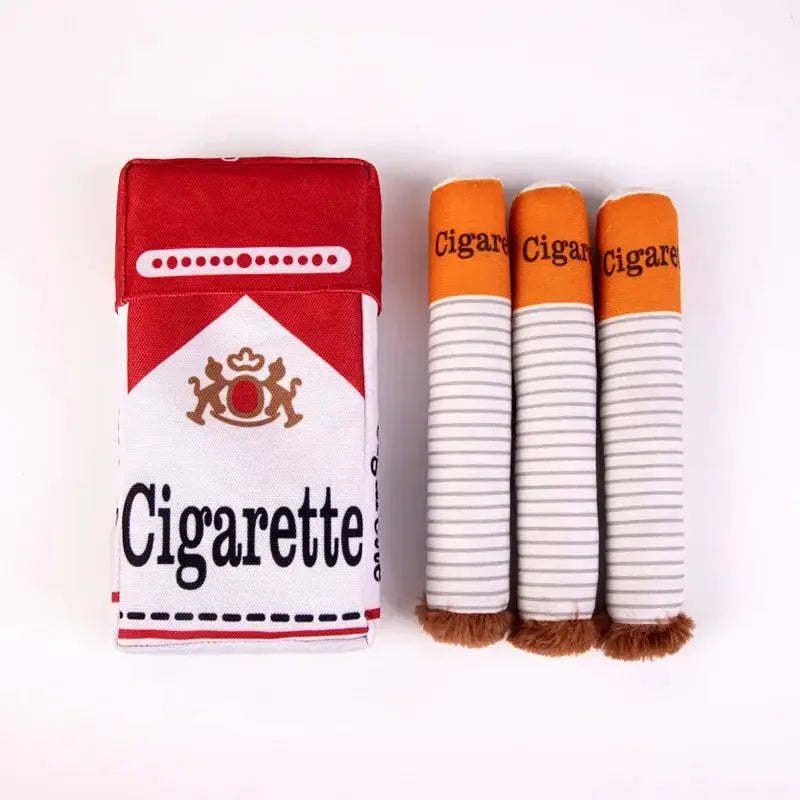 Simples Market cigarette-pack plush dog toy set: three cigarette-shaped, orange-tipped striped chew toys
