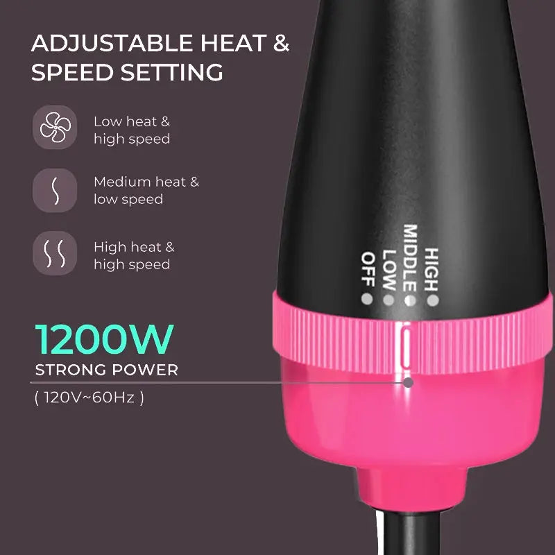 Lisapro 2-in-1 hair dryer and styling tool in black with pink base, adjustable heat and speed, 1200W