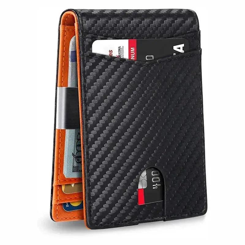Rfid carbon fiber slim men's wallet with orange interior, RFID-blocking, compact billfold and multiple card slots
