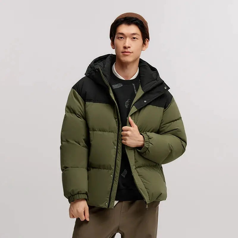 Semir Down Jacket Men by Simples Market; olive green and black hooded puffer, waterproof windproof outerwear