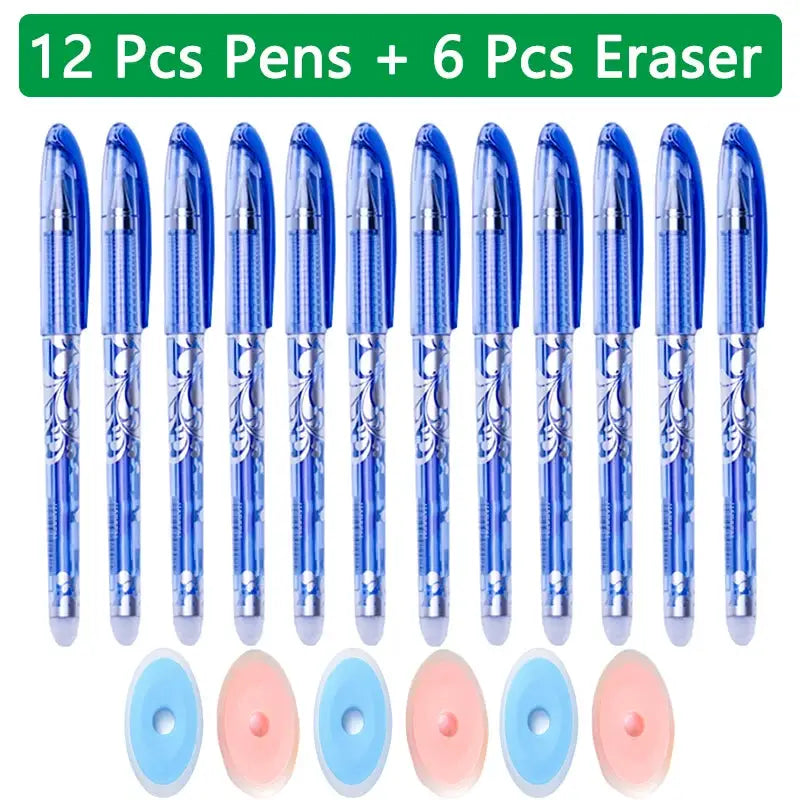 12 blue erasable gel pens and 6 pastel erasers Simples Market