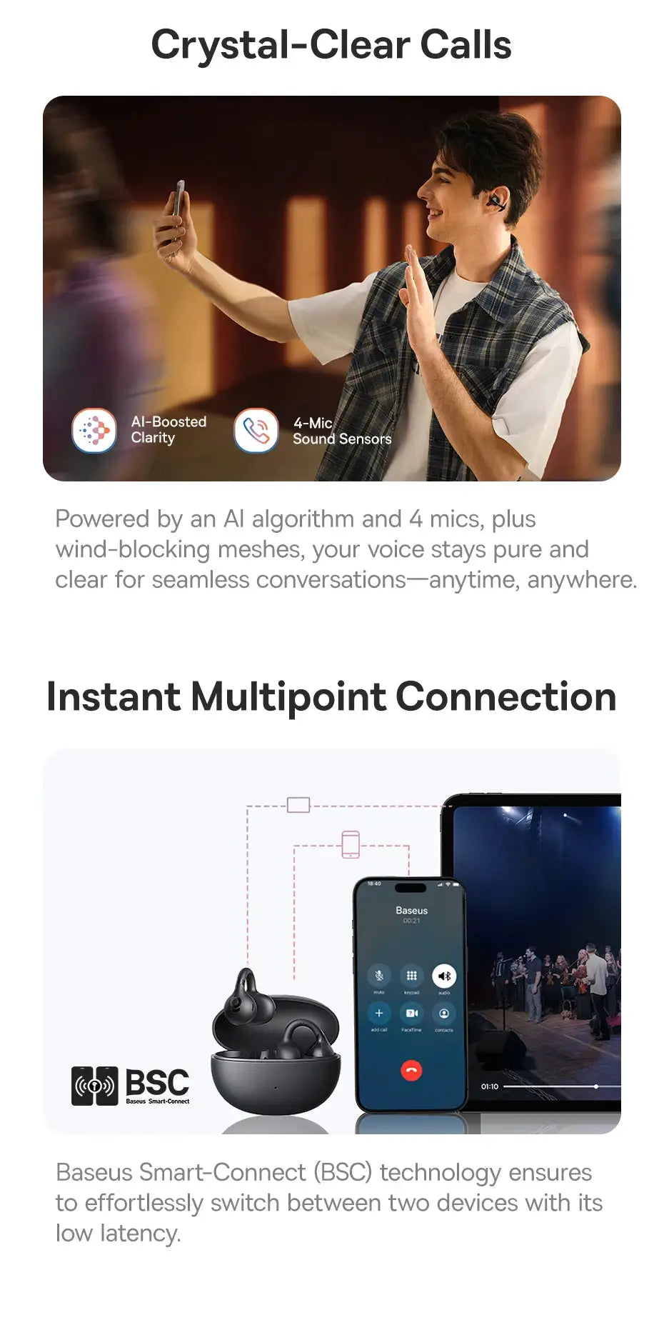 Baseus BC1 open-ear clip wireless earbuds, black, IP55 water resistant, Bluetooth 6.0 with 4 mics