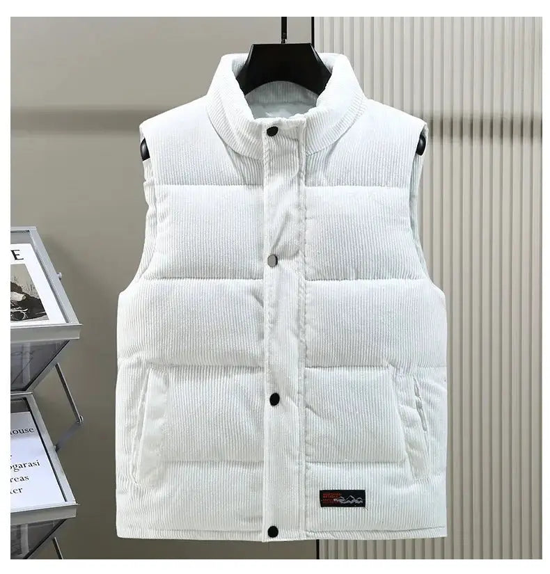 Men's white padded corduroy vest with stand collar, front snap-button closures and pockets