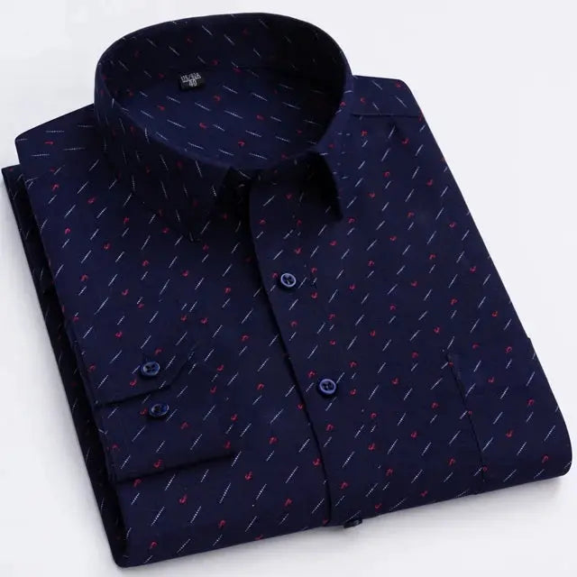 Men's navy long-sleeve shirt with red and white dash pattern, single pocket, button-down collar, folded.