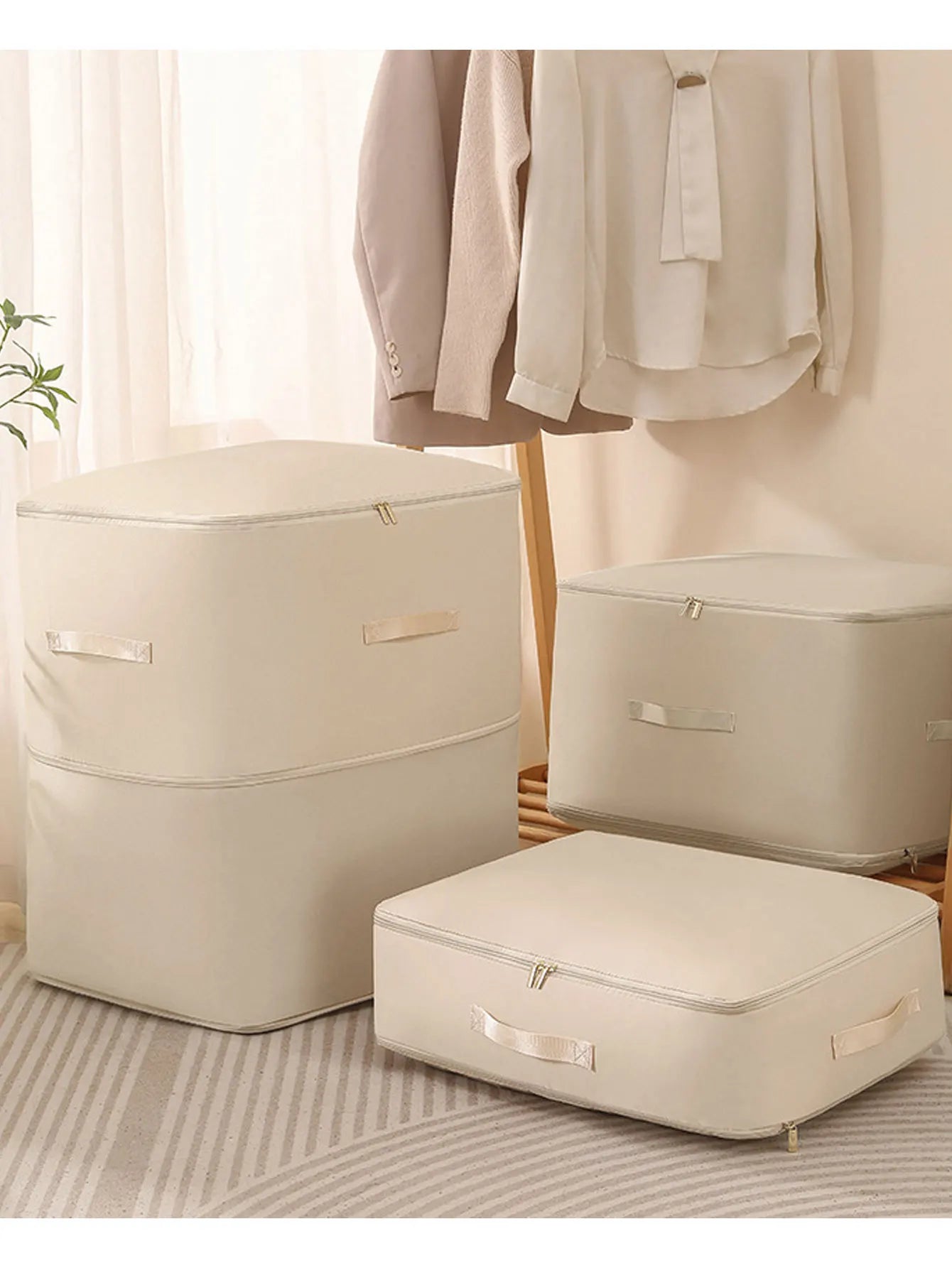 Gongsatin compression packing cubes set of three in cream, foldable dustproof moisture-proof storage bags