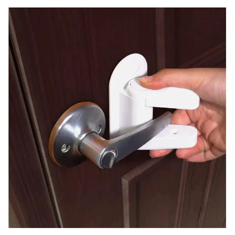 Universal door lever safety lock, white adhesive latch installed on door frame