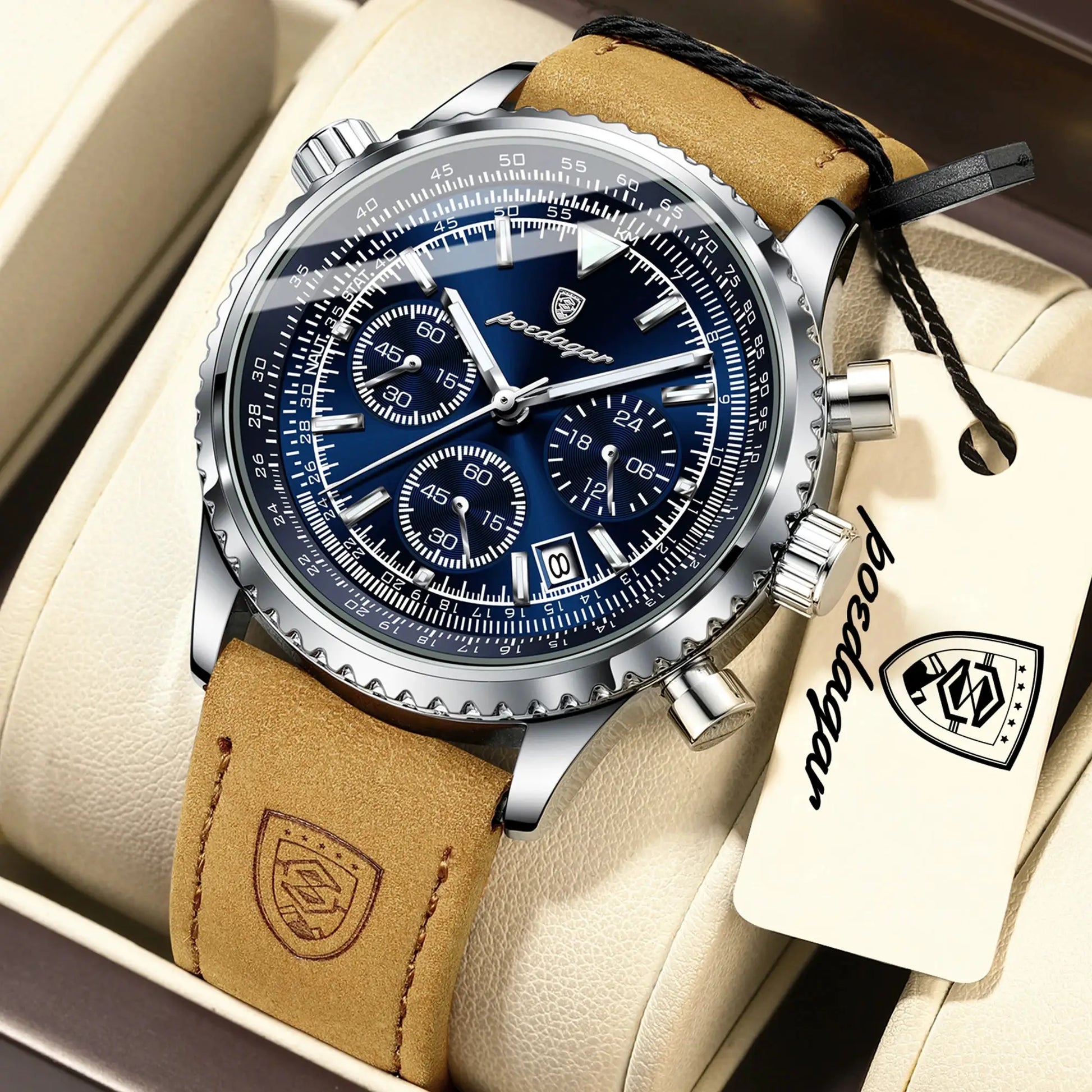 POEDAGAR men's wristwatch with blue dial, silver case, tan leather strap, chronograph, waterproof
