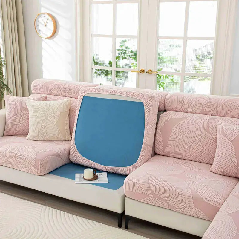 Thick plush sofa cover with elastic cushion cover; pink leaf-patterned sofa protector for living rooms