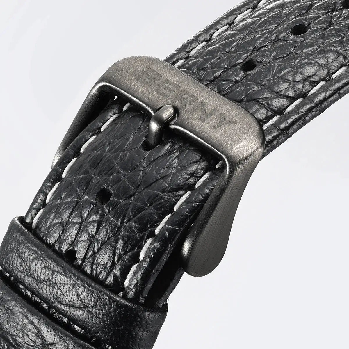 BERNY watch strap in black textured leather with white stitching and brushed gunmetal buckle