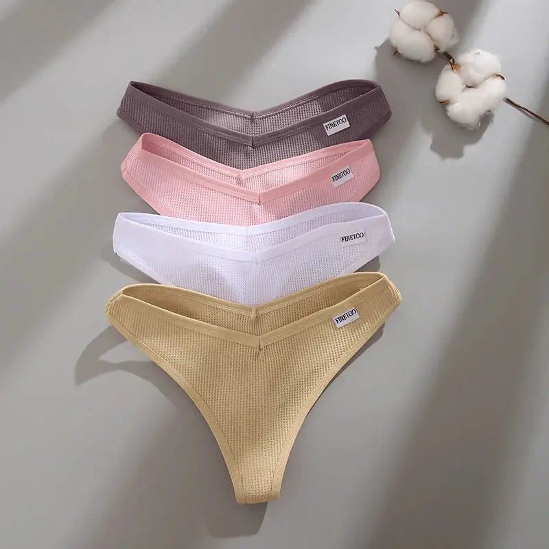 Simples Market 4-pack waffle cotton thong panties, V-waist, solid colors gray pink white beige, sizes S-XL