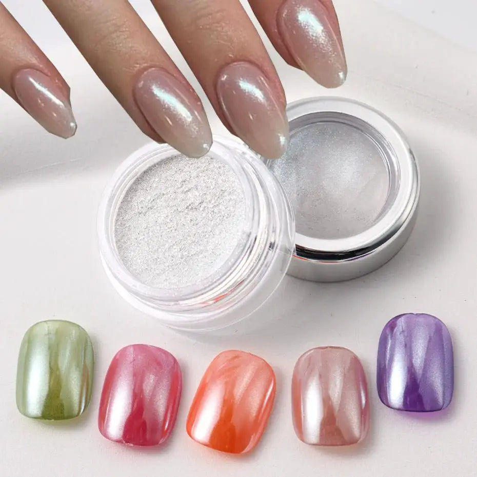 Pearl White Nails Glitter Dust Chrome Moonlight White Rubbing on Powder Silver Shell Mirror Pigment Nail Art Supplies Decoration - Simples Market