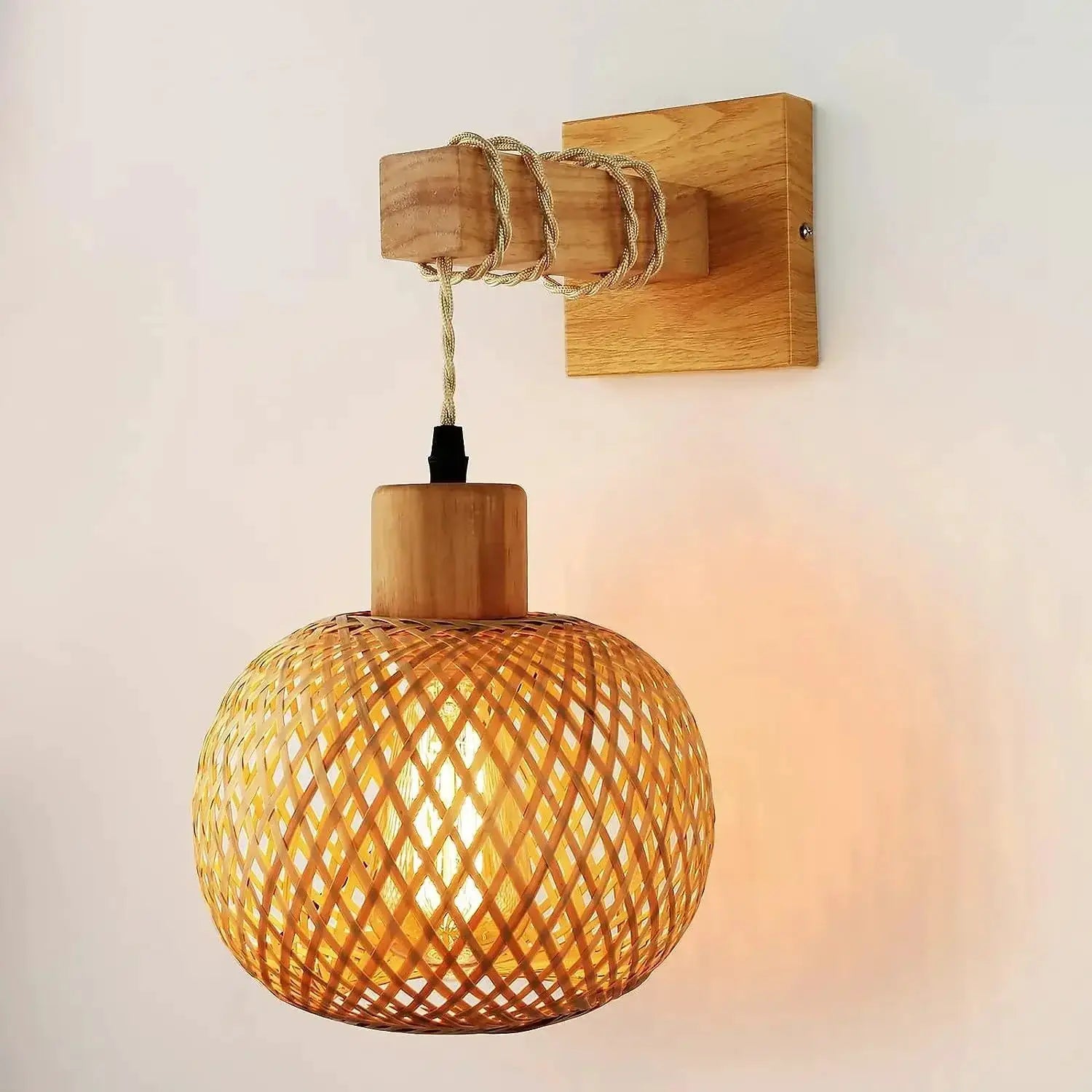 Bamboo lantern wall lamp by Simples Market, natural hand-woven rattan shade with wooden mount (E27)