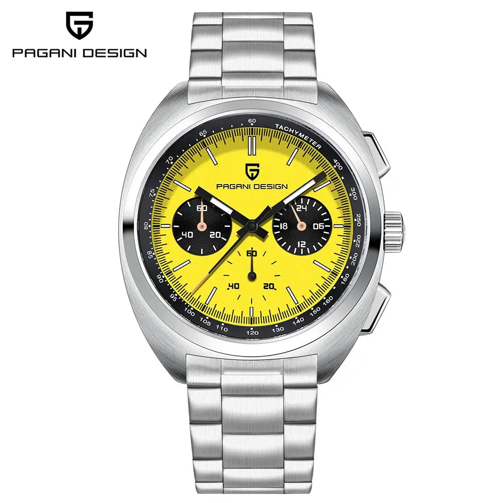 PAGANI DESIGN VK63 retro luxury men's chronograph watch with yellow dial and stainless steel bracelet